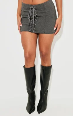 Washed Grey Lace Up Front Denim Mini Skirt