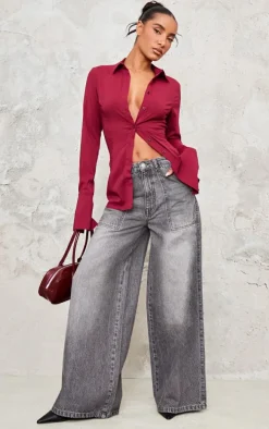 Washed Grey Mid Rise Wide Leg Jeans