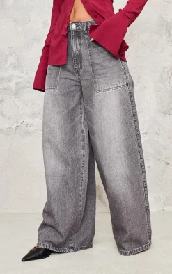 Washed Grey Mid Rise Wide Leg Jeans