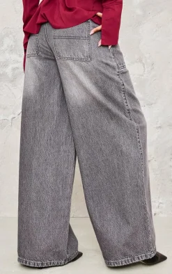 Washed Grey Mid Rise Wide Leg Jeans
