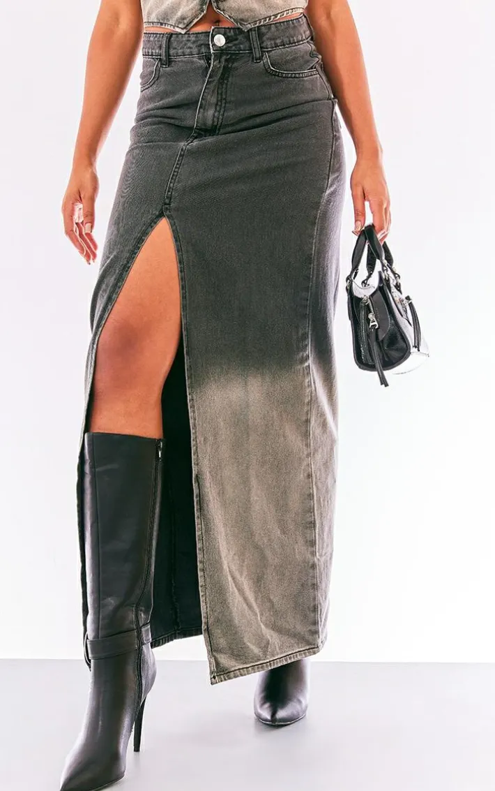 Washed Grey Ombre Denim Maxi Skirt