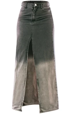 Washed Grey Ombre Denim Maxi Skirt