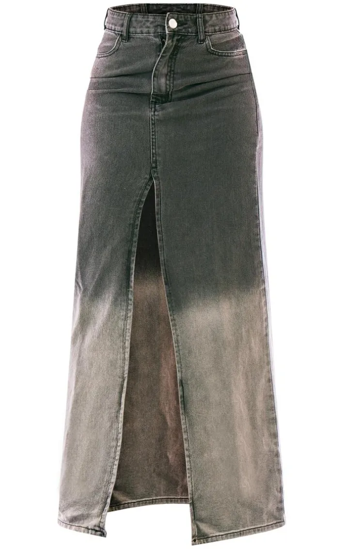 Washed Grey Ombre Denim Maxi Skirt