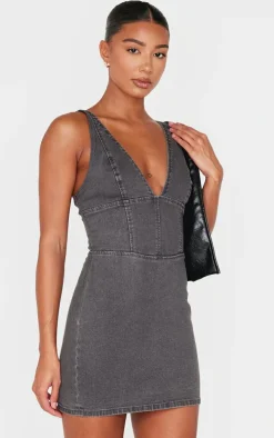 Washed Grey Plunge Corset Style Denim Mini Dress