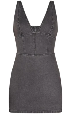 Washed Grey Plunge Corset Style Denim Mini Dress