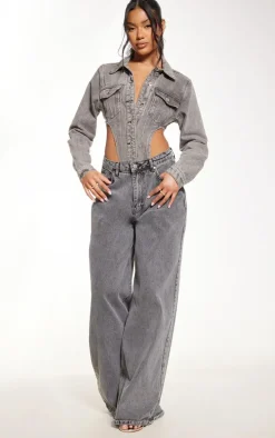 Washed Grey Pocket Front Denim Jacket High Side Bodysuit