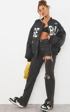 Washed Grey Ripped Split Hem Jeans