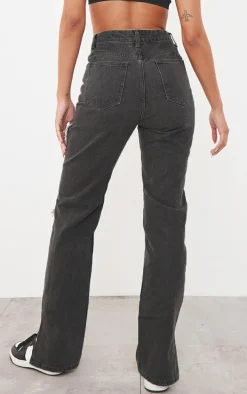 Washed Grey Ripped Split Hem Jeans