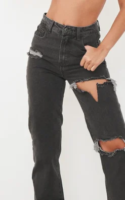 Washed Grey Ripped Split Hem Jeans
