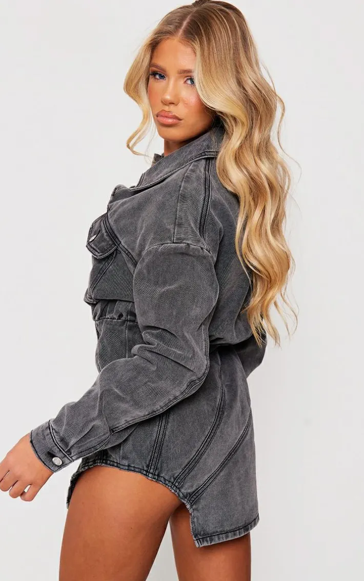 Washed Grey Seam Detail Curved Hem Denim Mini Dress