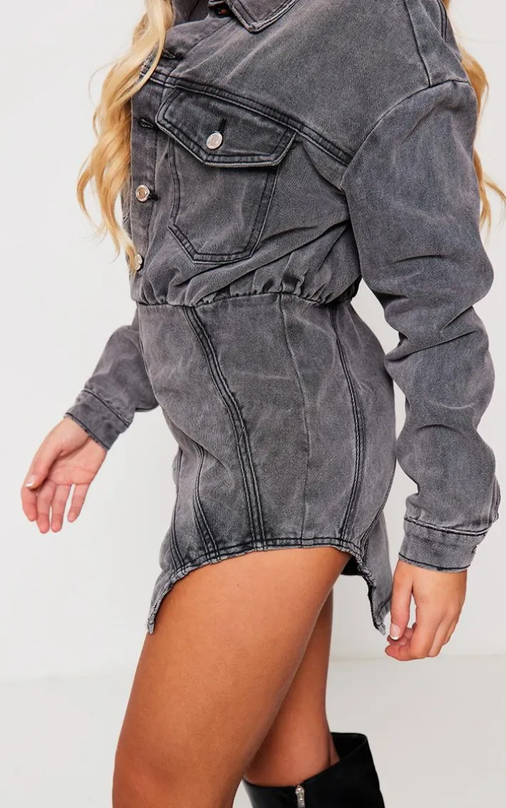 Washed Grey Seam Detail Curved Hem Denim Mini Dress