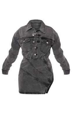 Washed Grey Seam Detail Curved Hem Denim Mini Dress