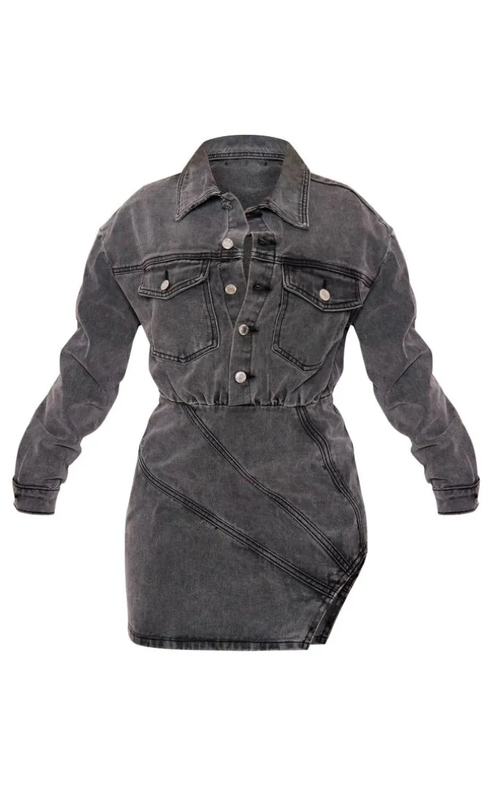 Washed Grey Seam Detail Curved Hem Denim Mini Dress