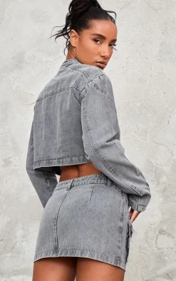 Washed Grey Seam Detail Shoulder Padded Racer Cropped Denim Jacket