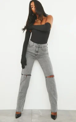 Washed Grey Slash Knee Long Leg Straight Leg Jeans