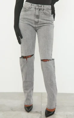 Washed Grey Slash Knee Long Leg Straight Leg Jeans