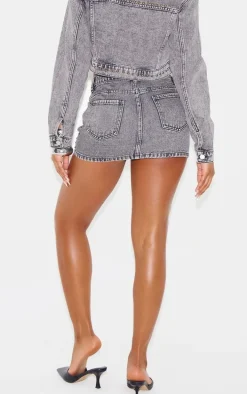 Washed Grey Studded Denim Micro Mini Skirt
