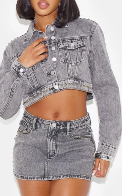 Washed Grey Studded Denim Micro Mini Skirt