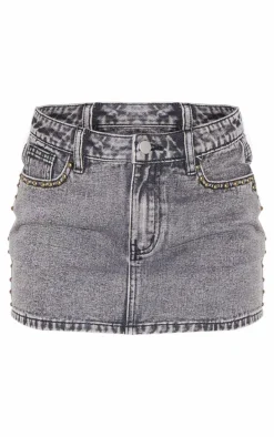 Washed Grey Studded Denim Micro Mini Skirt