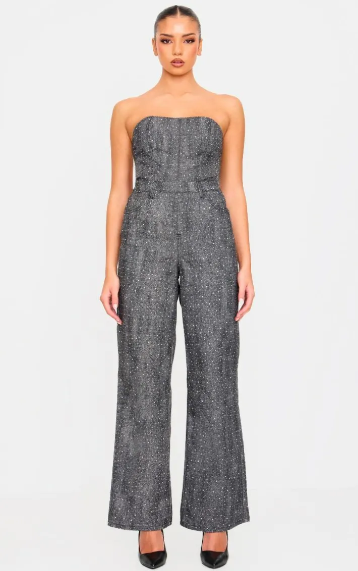 Washed Grey Studded Diamante Denim Bandeau Wide Leg Jumpsuit