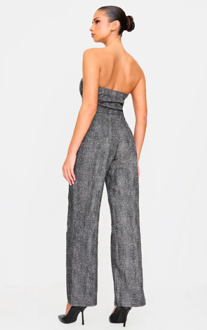 Washed Grey Studded Diamante Denim Bandeau Wide Leg Jumpsuit