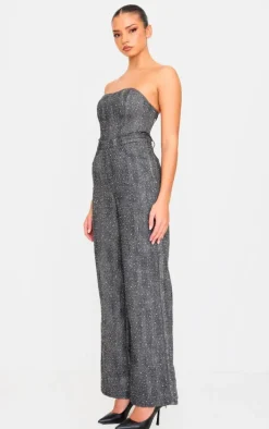 Washed Grey Studded Diamante Denim Bandeau Wide Leg Jumpsuit