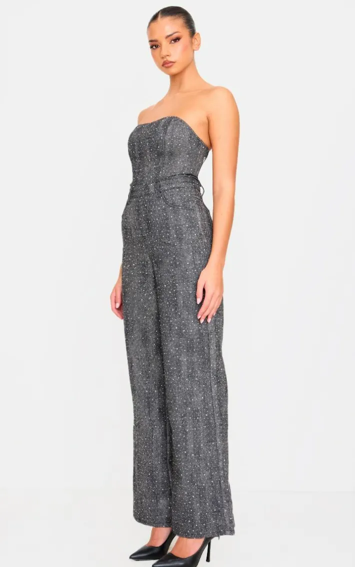 Washed Grey Studded Diamante Denim Bandeau Wide Leg Jumpsuit