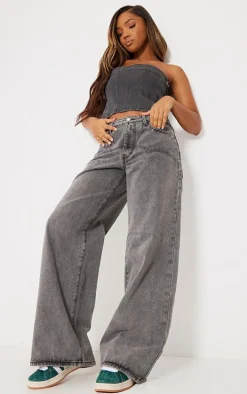 Washed Grey Western Detail Wide Leg Jeans