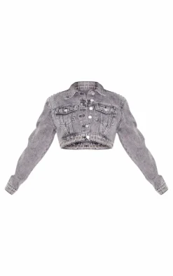 Washed Grey Western Pocket Studded Cropped Denim Jacket