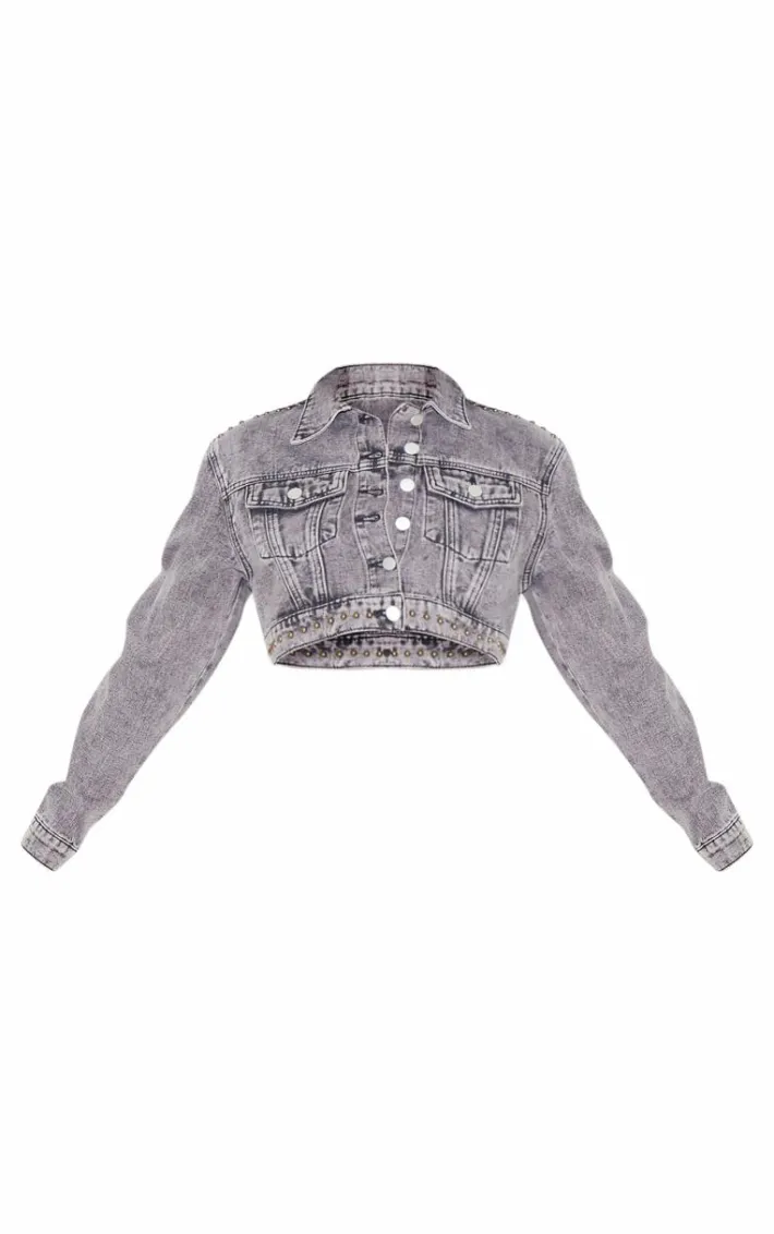 Washed Grey Western Pocket Studded Cropped Denim Jacket