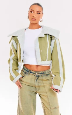 Washed Khaki Borg Detail Crop Denim Jacket