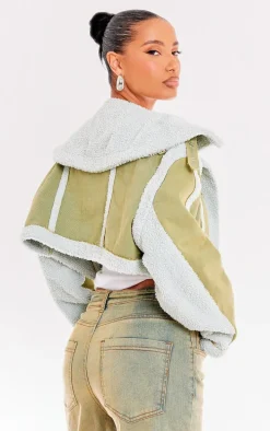 Washed Khaki Borg Detail Crop Denim Jacket
