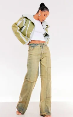 Washed Khaki Borg Detail Crop Denim Jacket