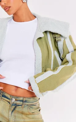 Washed Khaki Borg Detail Crop Denim Jacket