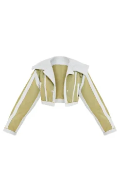 Washed Khaki Borg Detail Crop Denim Jacket