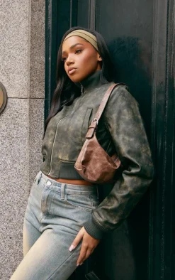 Washed Khaki Faux Leather Rib High Neck Shoulder Padded Bomber Jacket