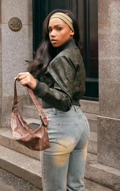 Washed Khaki Faux Leather Rib High Neck Shoulder Padded Bomber Jacket