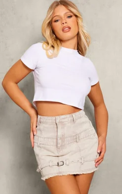 Washed Light Grey Contrast Waistband Denim Mini Skirt