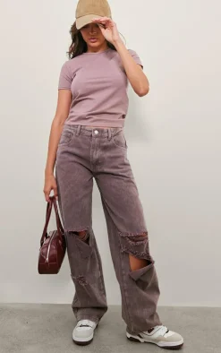 Washed Mauve Baggy Low Rise Ripped Boyfriend Jeans