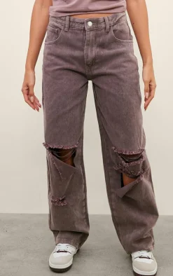 Washed Mauve Baggy Low Rise Ripped Boyfriend Jeans