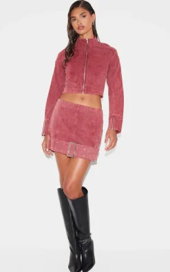 Washed Red Buckle Detail Denim Mini Skirt