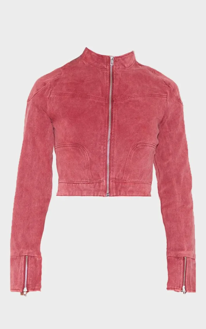 Washed Red Racer Neck Cropped Denim Jacket