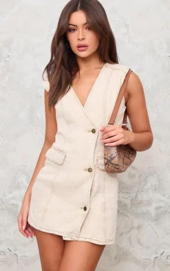 Washed Stone Button Up Vest Style Denim Dress