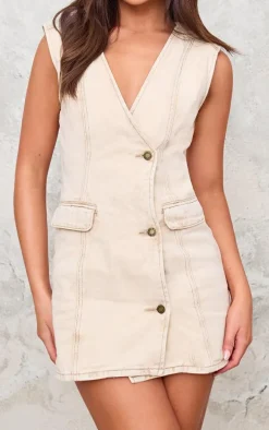 Washed Stone Button Up Vest Style Denim Dress