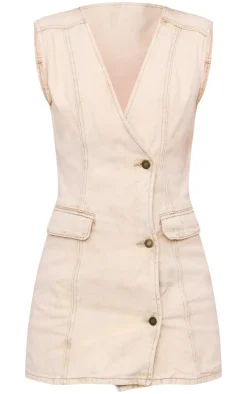 Washed Stone Button Up Vest Style Denim Dress