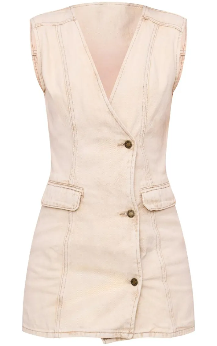 Washed Stone Button Up Vest Style Denim Dress