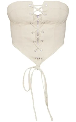 Washed Stone Cup Detail Lace Front Corset Denim Top