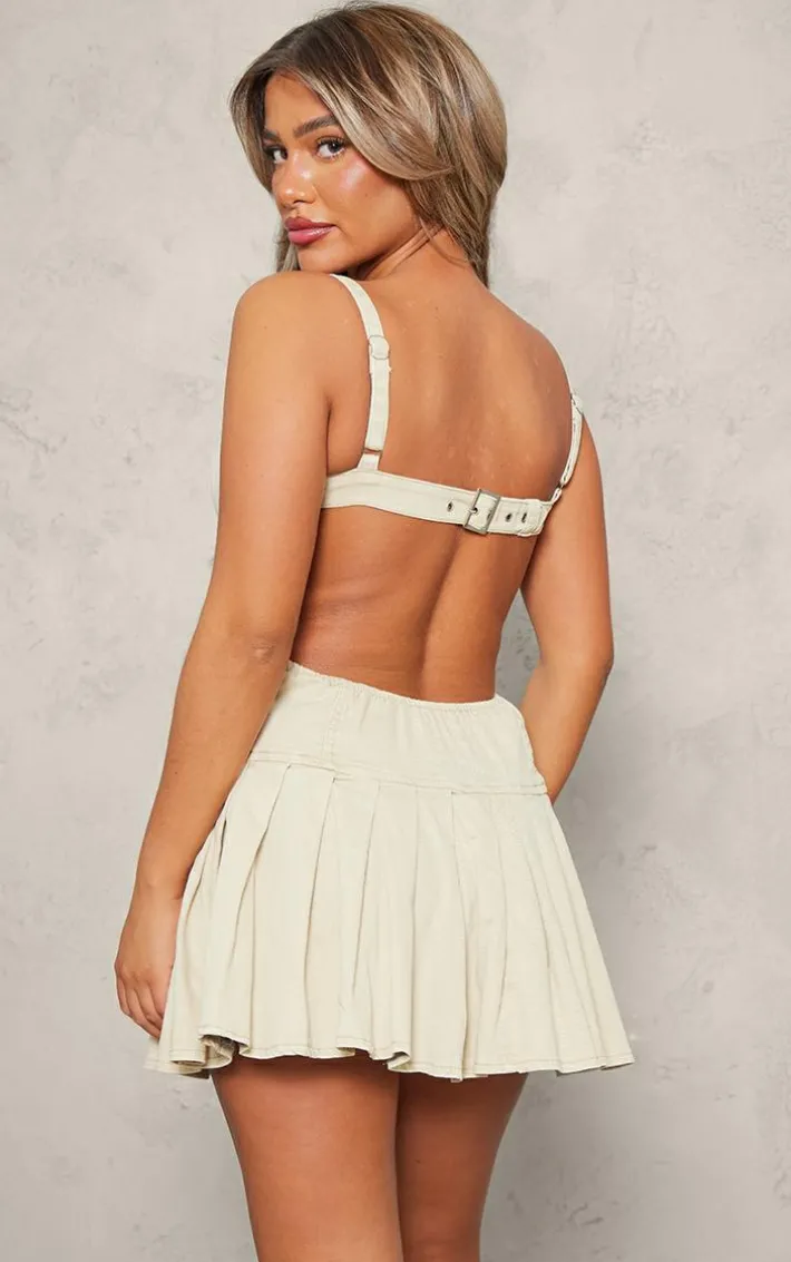 Washed Stone Cut Out Side Pleated Denim Mini Dress