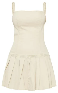 Washed Stone Cut Out Side Pleated Denim Mini Dress