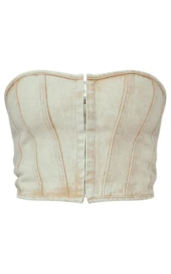 Washed Stone Denim Hook And Eye Structured Corset Top